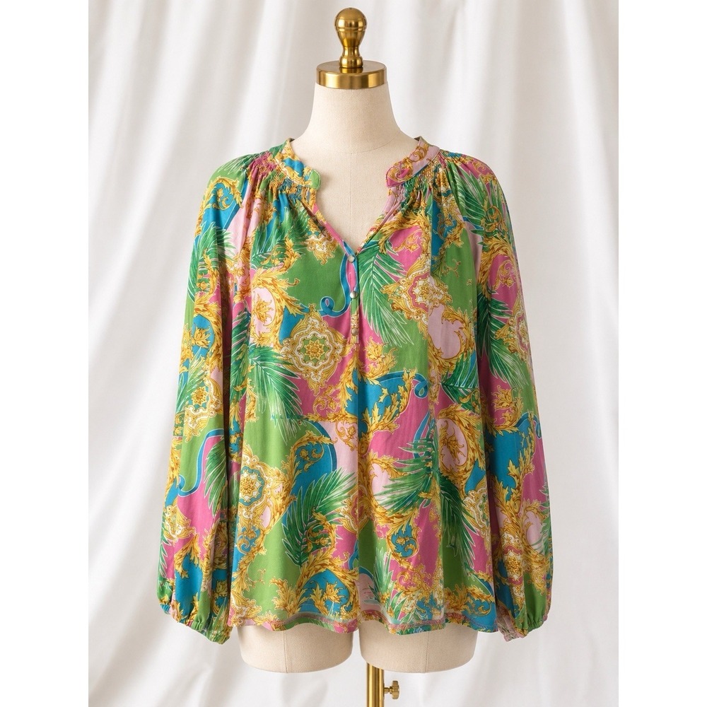 Belle by‎ Kim Gravel Tropical Abstract Print V-neck Pintuck Knit Top Size Medium